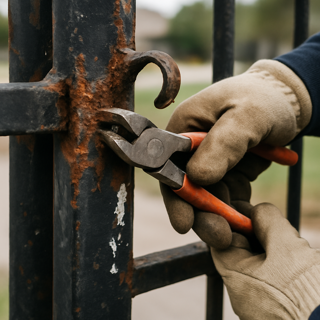 Gloved hand uses bolt cutters on rusted gate piece