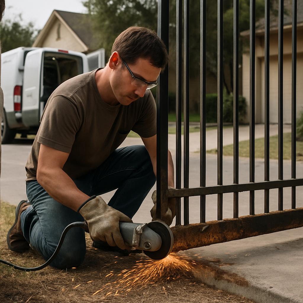Professional gate repair using an angle grinder