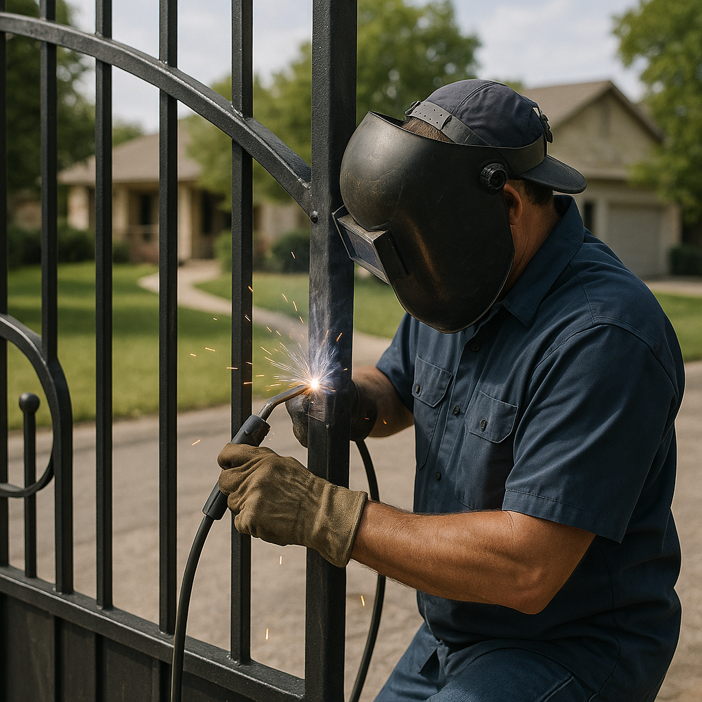 Welder repairing a metal gate with sparks flying.
