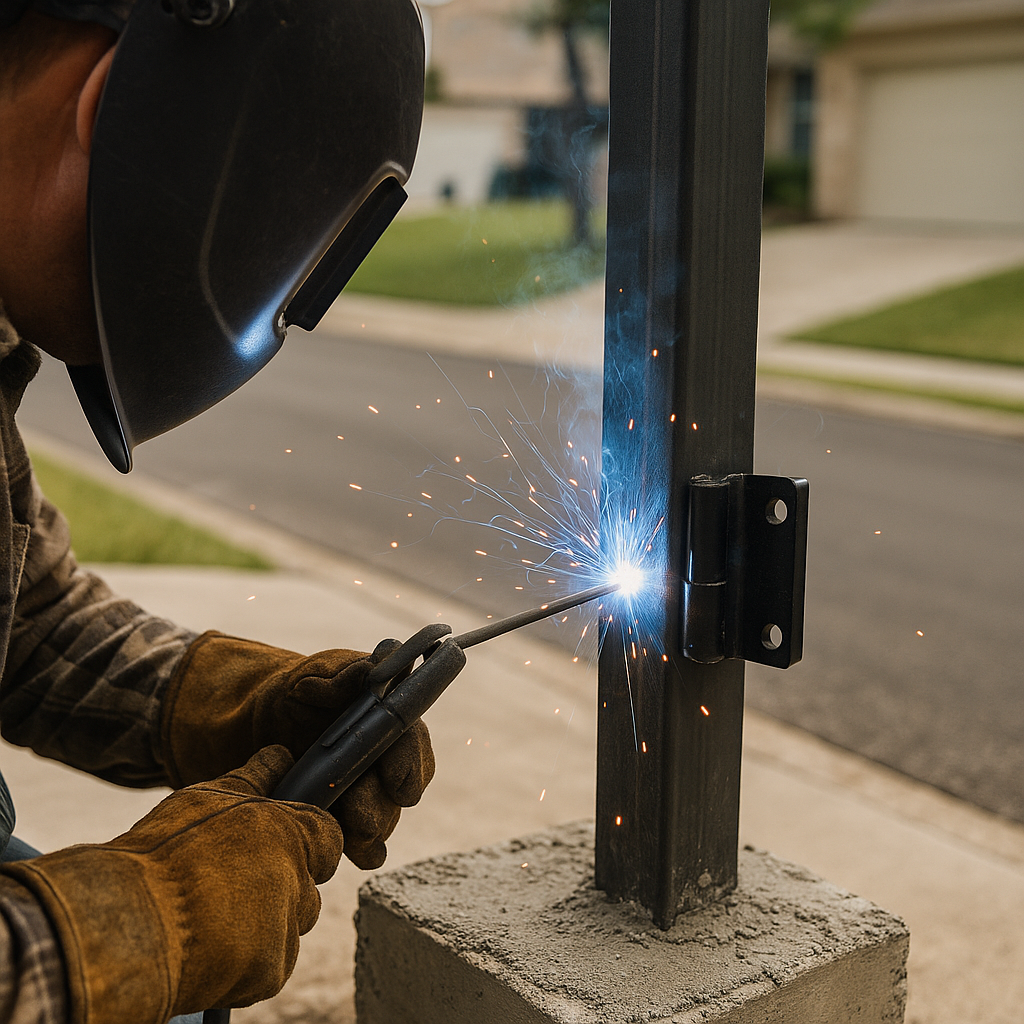 Welder installs gate hinge on metal post with bright sparks