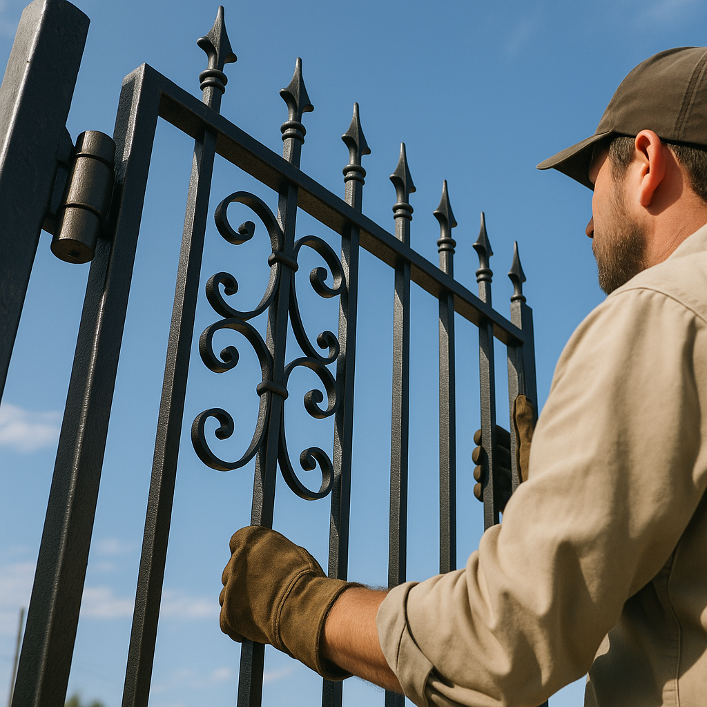 Worker installing ornate black metal gate