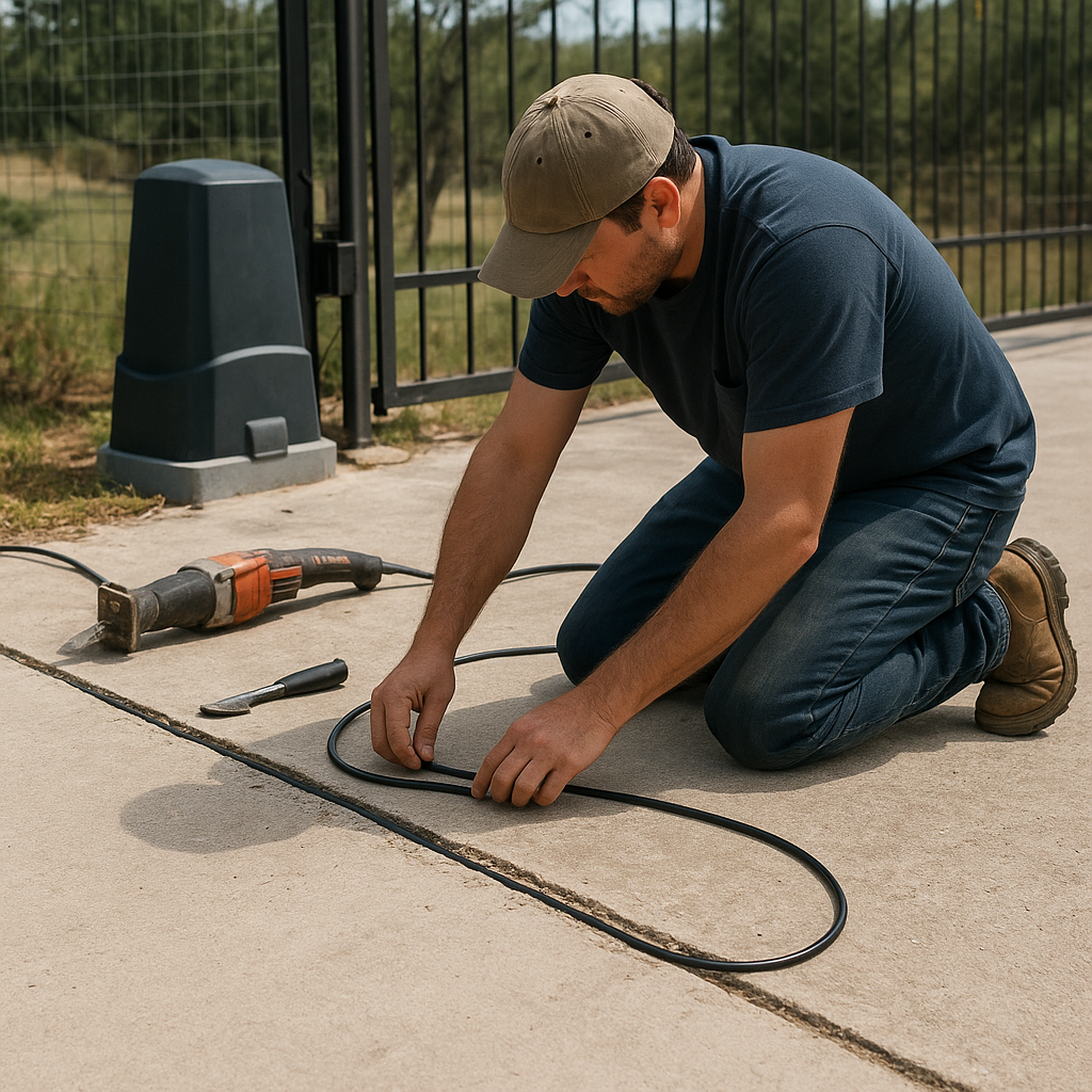 Gate access control professional working with cable near gate in San Antonio, TX