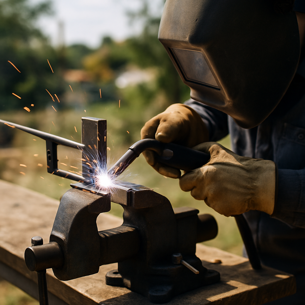 Welder performing gate parts and welding with sparks in San Antonio, TX