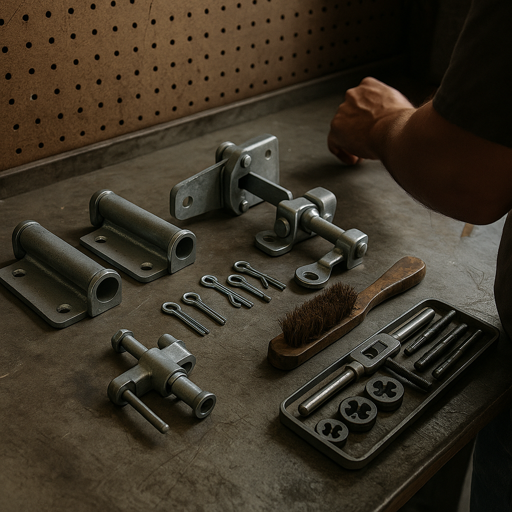 Gate repair parts and welding tools on workbench in San Antonio, TX